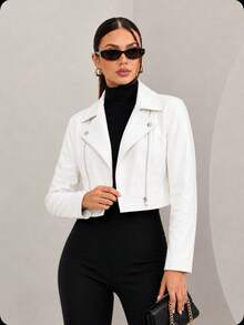 Stylish Women's Faux Leather Jacket With Zipper And Button Closure, Comfortable, Perfect For June Festivals, Winter, And Autumn. - 白色 - 查看 1