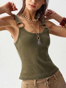 Camiseta de punto de unicolor casual para mujer - Verde militar - Ver 5