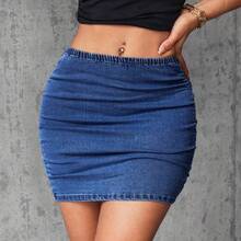 guangzhougaolangshangmao  Minifalda de mezclilla con cintura elástica y drapeado, moda de verano ajustada para mujer - Azul - Ver 4