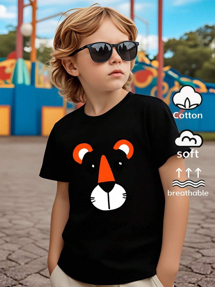 Boys' 100% Casual Short-Sleeve T-Shirt With Tiger Face Print – Fun Summer Design, Machine Washable, Regular Fit For Casual Wear, Playful Fashion For Boys, Comfortable Children's Clothing, Fun Print, Breathable Fabric, For Toddlers - 黑色 - 查看 1