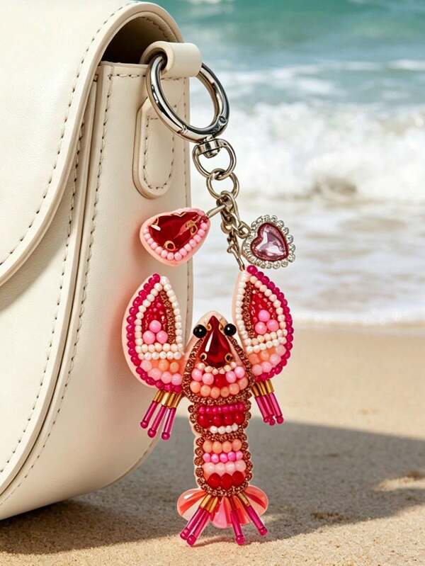 1pc Handmade Beaded Lobster Shaped Decorative Charm,With Pink Glitter Heart For Women Handbag Kawaii Vacation Essentials Bag Accessories Bag Charm Accessories Charms For Bag ,Perfect For Holidays, Birthdays, Parties, Wedding Season, Bridesmaid Gifts, Women'S Day, Girls' Day Gifts, And Souvenirs,Teacher Gifts