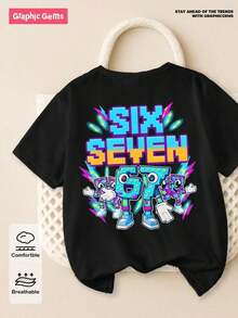 GraphicGems Boys' Basic Short Sleeve T-Shirt, Casual, Elegant, Creative, Personalized, Refreshing, Chic, Minimalist, Cool Style, With Digit 67 Football Graphic Print, Comfortable Clothing For Daily Wear, Cozy Summer And Autumn Styles, Suitable For 7 Year Olds, Graphic Clothing For Boys, Hip Hop Clothing For Boys. - 玫紅色 - 查看 1