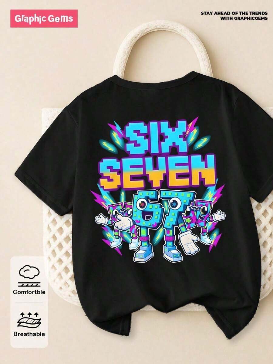 GraphicGems Boys' Basic Short Sleeve T-Shirt, Casual, Elegant, Creative, Personalized, Refreshing, Chic, Minimalist, Cool Style, With Digit 67 Football Graphic Print, Comfortable Clothing For Daily Wear, Cozy Summer And Autumn Styles, Suitable For 7 Year Olds, Graphic Clothing For Boys, Hip Hop Clothing For Boys. - 玫紅色 - 查看 1