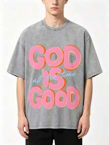 1 X 230g Pure Cotton Washed T-Shirt, Men's Casual Fashion, With 'GOD IS GOOD All The Time' Print, Outdoor Sports T-Shirt. | Loose Fit | Soft Knit T-Shirt | Loose Fit | Casual Holiday Wear 180g 100% Cotton - 灰色 - 查看 3