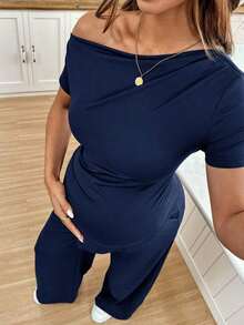 2 piezas Conjunto de top asimétrico y pantalones de unicolor casual de maternidad, verano - Caqui - Ver 11