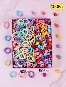 100pcs Korean Style Elastic Hair Ties, Scrunchies & Hair Clips Set, Practical Daily Hair Accessories For Girls - Multicolor - View 4