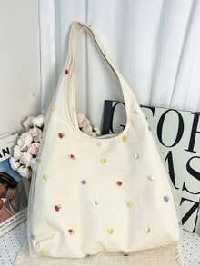 Korean Style Niche Design Fashionable Minimalist Embroidered Floral Fresh Casual Large Capacity Shoulder Underarm Tote Bag For Daily Use & Shopping - Apricot - View 4