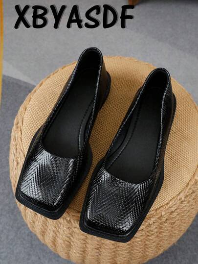 XBYASDF 2026 New Women's Black Glossy Textured Square Toe Flat Loafers, Slip-On Versatile Commuting Casual Shoes