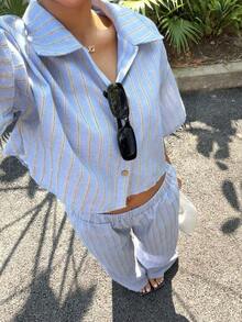 Conjunto de camisa y pantalones a rayas de estilo casual y vacacional para mujer - Azul 2 - Ver 9