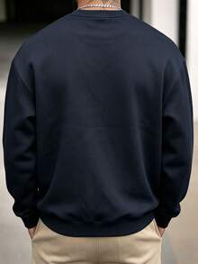 Men's Plus Size Solid Color Crew Neck Long Sleeve Casual Pullover Sweatshirt - Navy Blue - View 3
