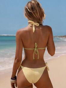 2pcs/Set Women's Ocean Theme Decorative Sexy Casual Bikini Set, Halter Neck Solid Color Swimsuit, Suitable For Beach And Pool, Random Cut - Brown - View 4
