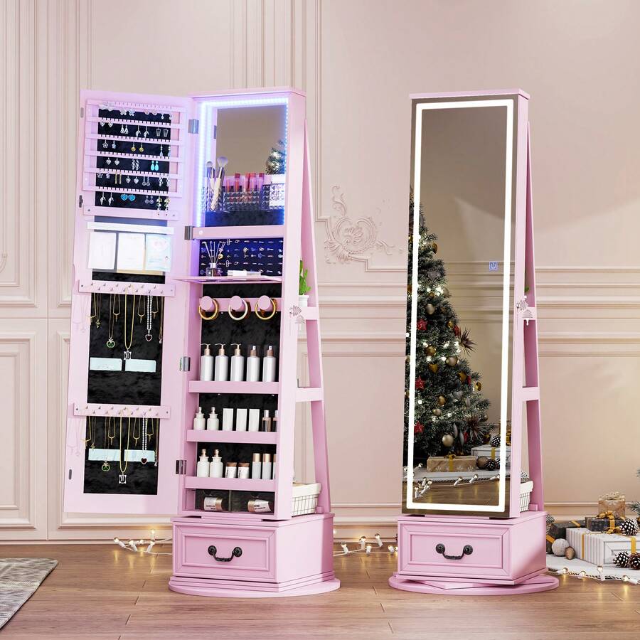 HWB LED Mirror Jewelry Cabinet Standing, 360°Swivel Jewelry Armoire With Full Length Mirror, Mirror With Jewelry Storage And Large Wooden Drawer For Christmas Gifts,Pink