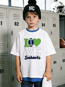Camiseta de manga corta con cuello redondo informal y suave de verano para niño,Estampado Patrón de LOVE Seahawks simple,Adecuado para uso diario y atuendo casual.White - Blanco - Ver 8
