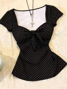 Camiseta de verano de moda con cuello de corazón y manga corta con estampado de lunares para mujer - Negro - Ver 3