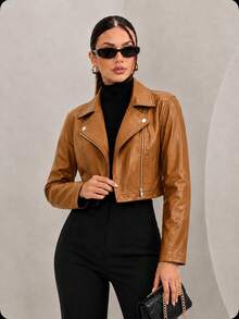 Stylish Women's Faux Leather Jacket With Zipper And Button Closure, Comfortable, Perfect For June Festivals, Winter, And Autumn. - 駝色 - 查看 2