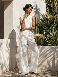 Women's Modest Boho Two-Piece Outfit Sleeveless Round Neck Cropped Blouse  Long Wide Leg Pants With Contrast Piping In Woven Fabric For Spring Outings - White - View 4