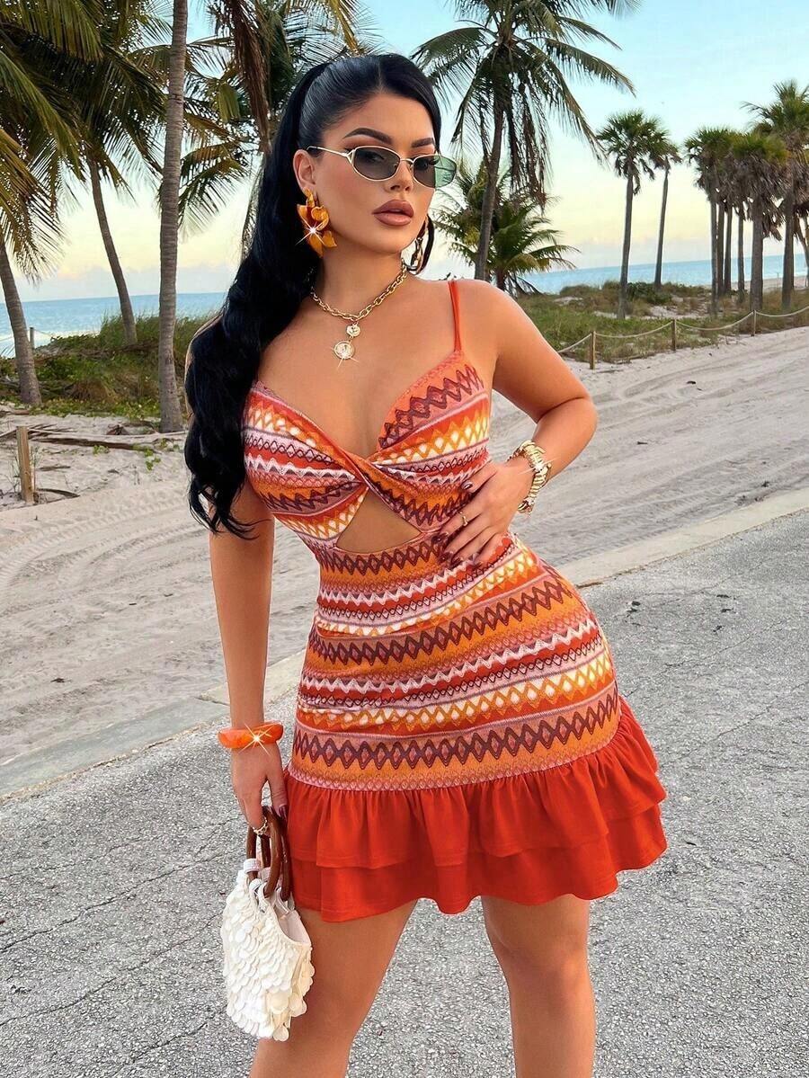 AIJ Women's Colorful Summer Dress Amarilo, With Tie Straps, Retro Floral Print, Fitted Ruffled Mini Skirt, Ideal For Beach Holidays And Elegant Outings - 橘色 - 查看 1