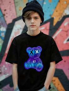 Basic Short-Sleeved T-Shirt For Pre-Teen Boys, Featuring A Cartoon-Style Slogan Graphic Print With The Number 67, In A Minimalist And Refreshing Style, Suitable For Casual Spring, Summer And Autumn Outfits - 淡紫色 - 查看 7
