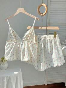 Conjunto informal de 2 piezas de mujer en azul marino con lunares, incluye camiseta de tirantes y pantalones con estampado de lunares, adecuado para primavera, verano, vacaciones, hogar, festivales de música, vuelta al colegio, atuendos casuales - Albaricoque - Ver 2