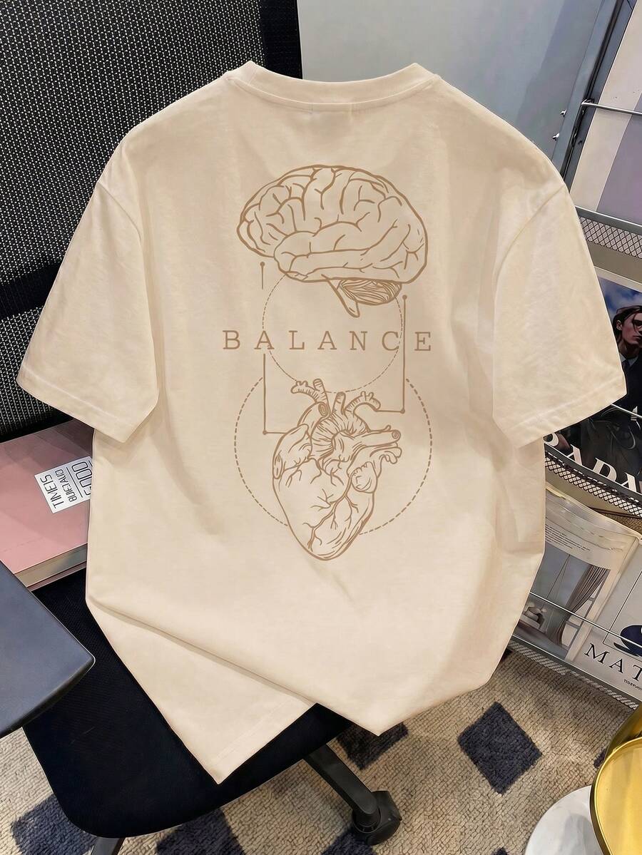 Fractyr 男士街头风圆领T恤 “BALANCE” 脑心解剖线条艺术印花,宽松休闲短袖上衣 - 杏色 - 查看 1