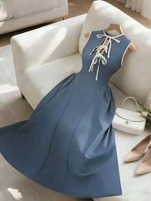 Nuevo vestido de mujer con cuello calado, bloqueo de color, cintura anudada, pliegues laterales, sin mangas, textura plisada, cremallera en la espalda, de moda, juvenil, elegante, versátil, que estiliza la cintura, apto para primavera/verano/otoño/invierno - Azul lavado medio - Ver 12