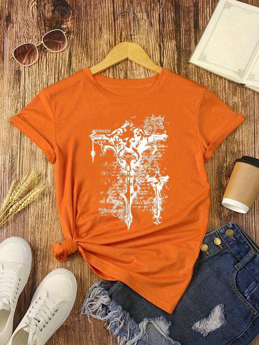 Gothic Cross Script Art Design. Digital Print. Short Sleeves. Unisex. Pure Cotton. Loose And Comfortable. - Orange - View 1