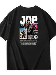 Camiseta de algodón negra con el retrato gráfico del artista de hip hop JOP, con una estética de ropa urbana, tipografía audaz de estrella de la música, diseño de estilo de moda urbana, ideal para festivales de música, eventos de conciertos, atuendos diarios casuales y ropa masculina moderna y a la moda. - Negro - Ver 5