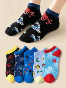 5/10 Pairs Women's Boat Socks, Ocean Style Boat Socks, Cartoon Shark & Octopus Pattern Casual Socks, Thin Versatile Summer Socks For Leisure & Students - Multicolor - View 1