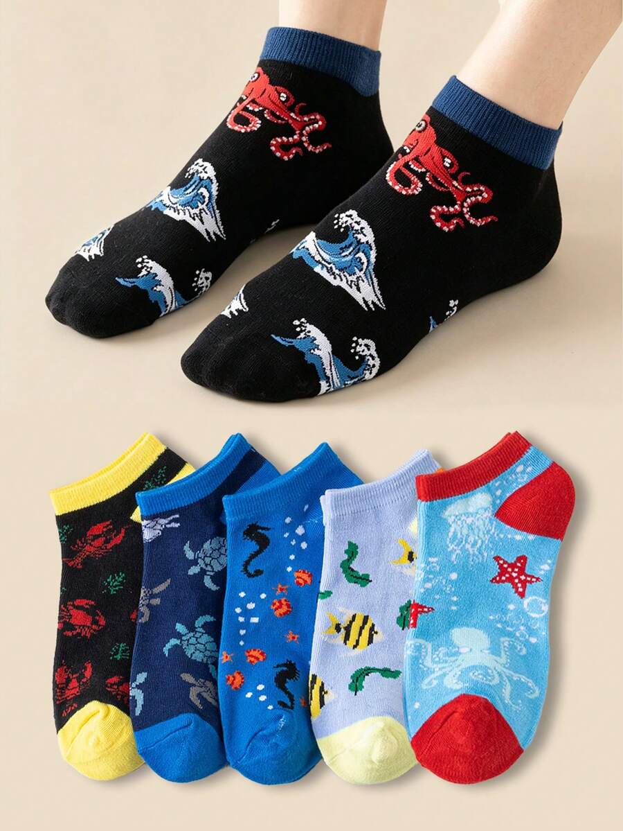 5/10 Pairs Women's Boat Socks, Ocean Style Boat Socks, Cartoon Shark & Octopus Pattern Casual Socks, Thin Versatile Summer Socks For Leisure & Students - Multicolor - View 1