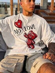 Camiseta Oversize Fractyr para Hombre con Estampado de Oso de Peluche y Corazón "NO LOVE", Tacto Suave, Color Blanco Ceniza, Estilo Grunge Urbano, Diseño Gráfico de Estética Oscura - Blanco - Ver 5