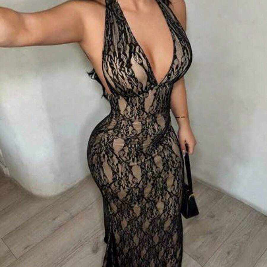 Vestido de sirena con cuello halter y encaje sexy - Negro01 - Ver 1