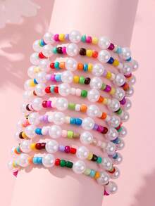 10pcs/Set Girls Colorful Glass Bead Bracelet & Bangle Jewelry Set, Suitable For Holiday Party, School, Daily Wear, Random Color Beads - Multicolor - View 8