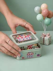 1pc Birthday Square Tin Gift Box With Clear Window. Reusable Metal Tin With Cute Cake & Floral Patterns. Perfect For Party Favors, Treats, Small Gifts And Home Storage. Beautiful Packaging For Birthdays, Baby Showers And Holidays. - View 7
