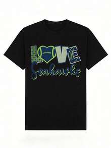 Camiseta de manga corta con cuello redondo informal y suave de verano para niño,Estampado Patrón de LOVE Seahawks corazón,Adecuado para uso diario y salidas casuales.White - Negro - Ver 2
