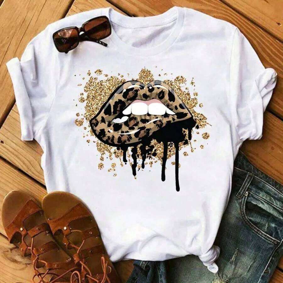 New Women's T-Shirt With Pink Lips And Leopard Print, Casual Style, Round Neck, Sexy, Black, With Kiss Design, Fun, For Girls, Dropshipping - 白色 - 查看 1