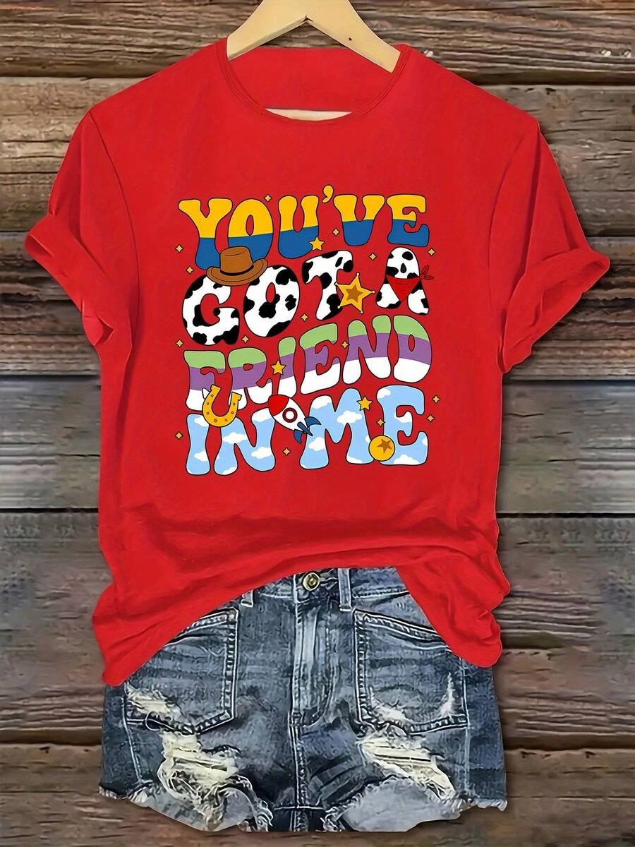 Women's Casual Short-Sleeved, Round-Neck Sports T-Shirt With The Phrase "You've Got A Friend In Me" Printed On It, 100% Cotton. - 紅色 - 查看 1