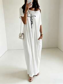 ChicMe Đầm maxi nữ dáng rộng, không tay, in chữ, có túi, thích hợp mặc hàng ngày. - trắng - Xem 3