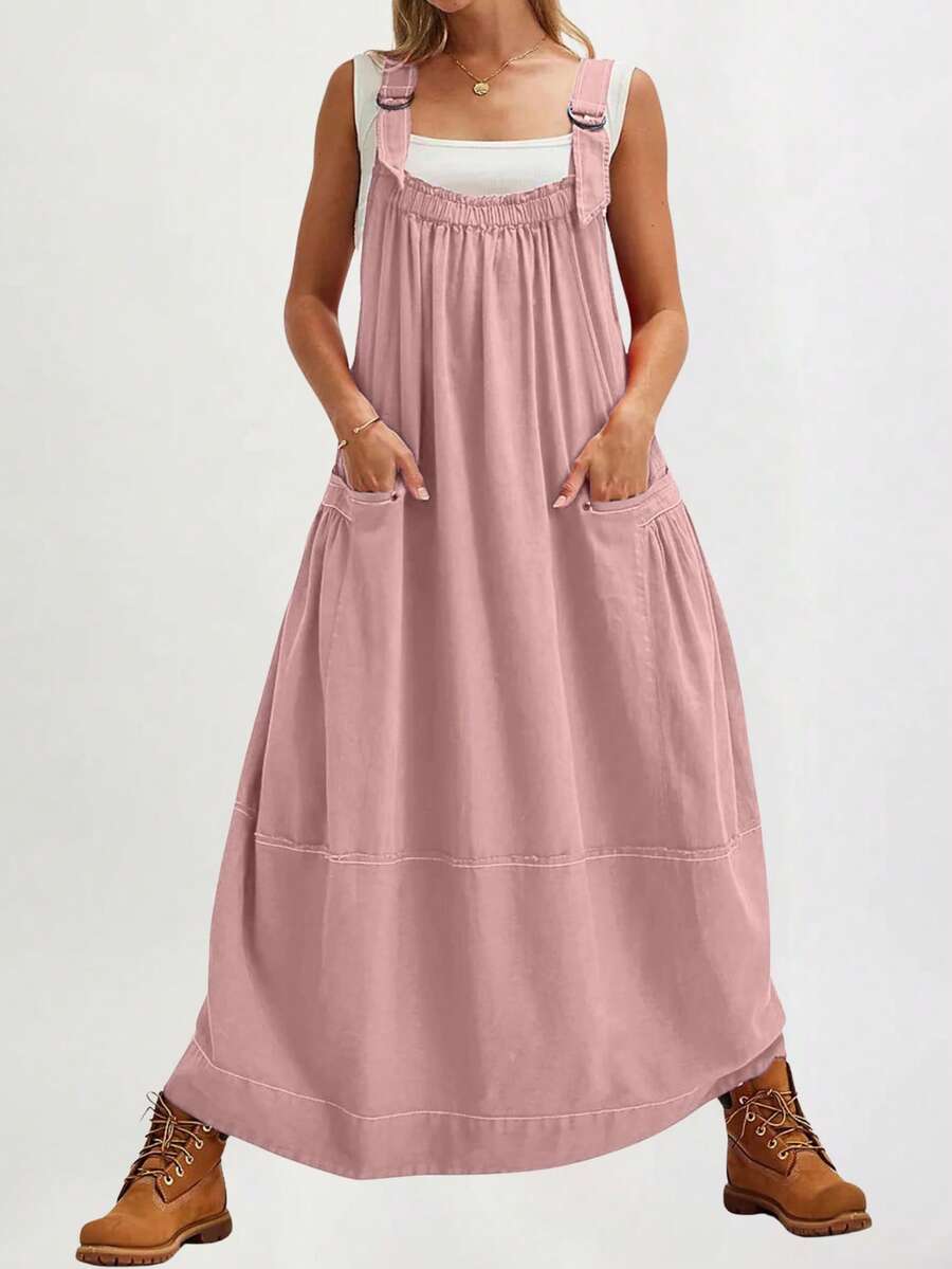 Women's Barrel Midi Dress Loose Adjutable Strap Big Pockets Maxi Dress Overall Jumpsuits - Pink - View 1