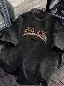 Camiseta de hombre% versátil de manga corta y cuello redondo lavado para verano con diseño de estampado casual - Negro - Ver 1