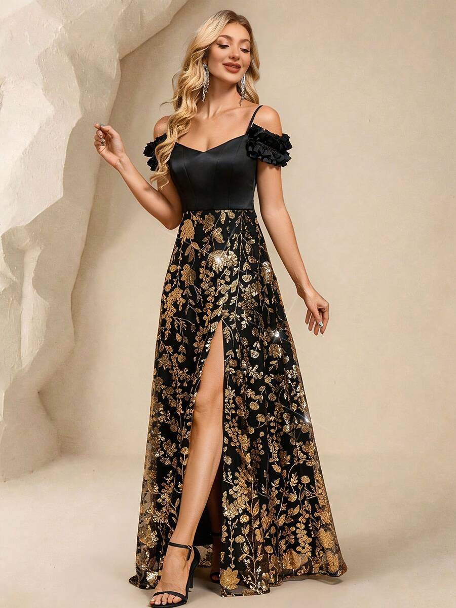 Women's Elegant Spaghetti Strap Open Shoulder Embroidered Sequin Dress, Suitable For Attending Balls, Parties, Cocktail Events Party Wedding Black - Black - View 1