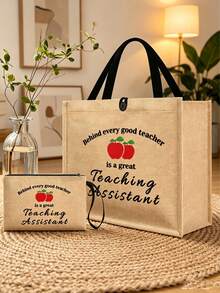 Teacher Theme Tote Bag And Makeup Bag Set, Apple Pattern Shopping Bag, Suitable For Weddings, Birthdays, Beach And Holidays, Perfect Gift For Family And Friends. This Large Set Is Very Suitable For Students To Use - Multicolor - View 2