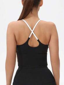 Women's Athletic T-Shirt With Fixed Padding, Color Contrast, Elastic, Summer Yoga Top - 星星耀黑 - 查看 5