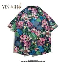 【YIXIXIHO】ハワイアン ビーチ 花柄シャツ メンズ 半袖 夏 万能 薄手 ゆったり カジュアル カップル 海辺 バカンス送料無料 - ネイビーブルー - チェックする 2