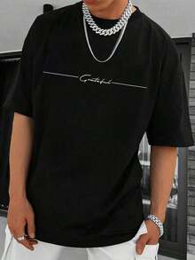 Manfinity Roughcore Camiseta casual de manga corta con cuello redondo y estampado de letras para hombres de talla grande - Negro - Ver 3