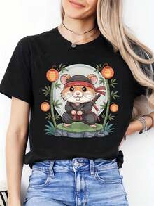 Plus Size Women's T-Shirt With Red Bird Print - Short Sleeve Top With Round Neck And Leaf Pattern, Suitable For All Seasons, Christmas Party Outfit, Machine Washable Winter Party T-Shirt, Extra Large Size. - 黑色 - 查看 4