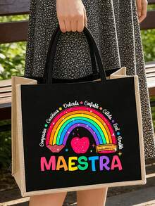 彩虹色「Maestra」字體教師主題托特包，購物袋，多功能手提包，教師感謝禮物，女士亞麻大容量托特包。創新設計便攜休閒收納肩背包。便攜化妝品收納袋，適用於學校用品、化妝品和文具。姊妹禮物，最佳教師禮物，生日禮物，週年紀念禮物，畢業禮物，創意教師禮物，教師節禮物 - 彩色 - 查看 5