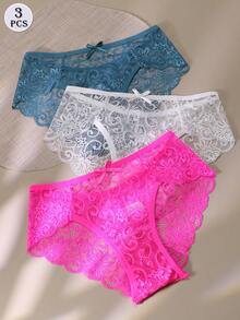 3pcs/Set Women's Low Waist Lace Sexy Thong Panties - Multicolor - View 2