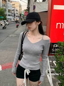 Áo khoác cardigan dệt kim thanh lịch, ngọt ngào mùa Xuân/Hè 2026, áo len dài tay cổ chữ V trễ vai dành cho nữ, kiểu dáng Y2K rộng rãi, tôn dáng, chất liệu nhẹ, đa năng, phù hợp cho đi làm và hẹn hò. - Xám - Xem 6