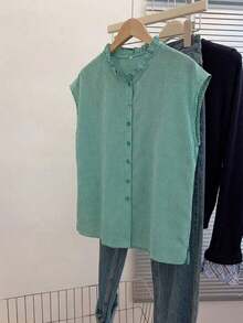 Blusa de mujer de lino a cuadros, estilo vintage con cuello de volantes, manga corta, holgada y casual. Blusa de verano, ligera y transpirable, de estilo bohemio - Rojo verde - Ver 5