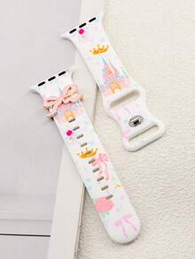 1pc Elegant Castle Pattern Silicone Watch Band, With Bow Decor, Waterproof Dreamy Rose Color Strap, Fit For Apple Watch 38/40/41/42/44/45/46/49mm, Fit For Apple Watch Ultra/SE/Series 11/10/9/8/7/6/5/4/3/2/1, Gift For Girls & Kids - Baby Pink - View 5